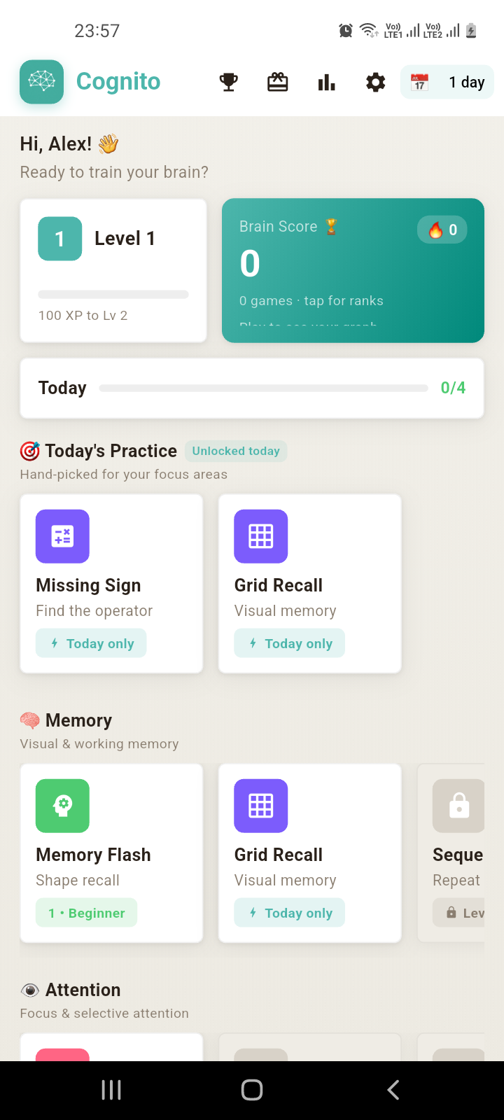 Cognito home screen showing Brain Score and daily practice